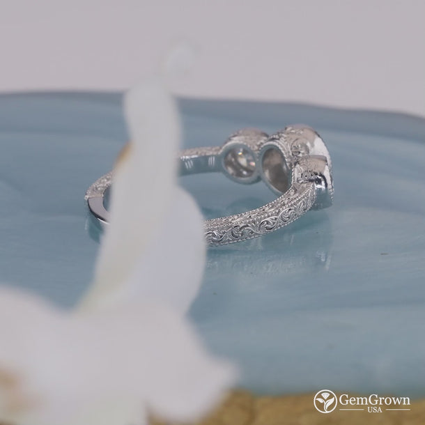 Carved Filigree Vintage Three Stone Engagement Ring
