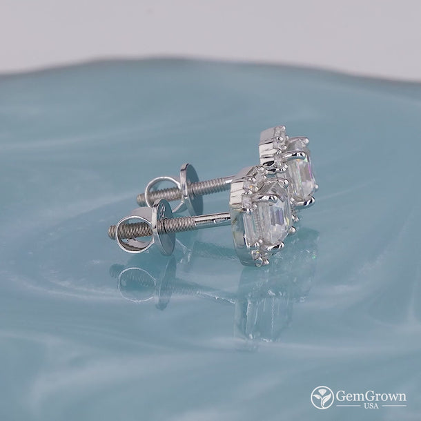 Asscher Cut Moissanite Baguette And Round Cut Halo Stud Earrings In 925 Sterling Silver